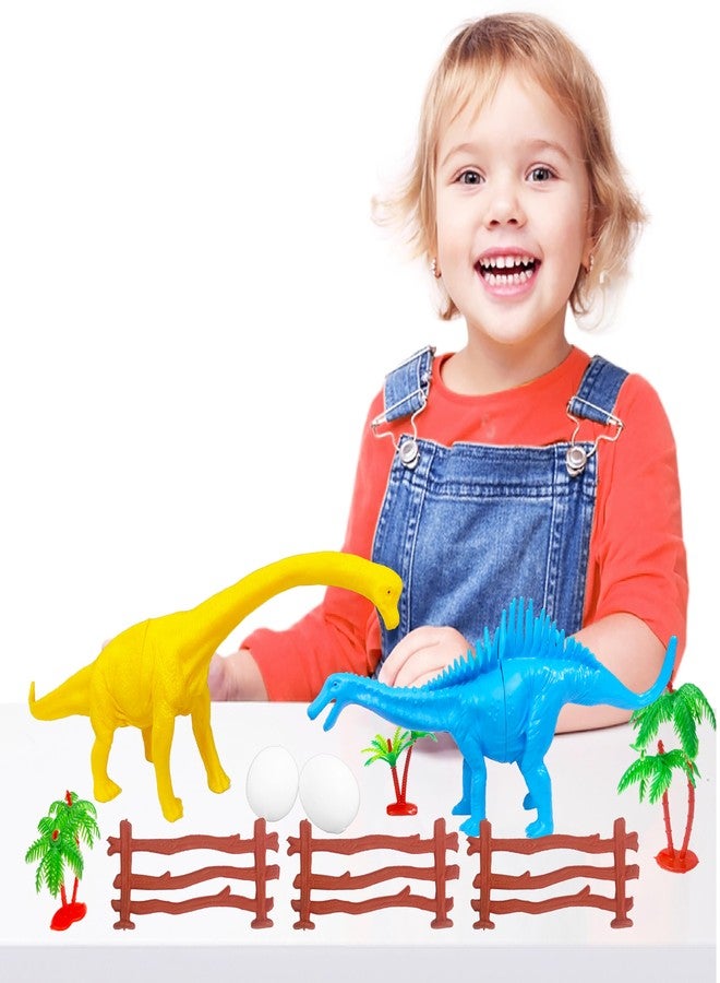 VGRASSP 2 Pcs Big Dinosaur Family Play Toy for Kids - 30 cm Long Wild Animal Toy Figure Playset with Artificial Eggs, Trees and Fences - Birthday Return Gift for Boys and Girls - Multicolor - Image 1